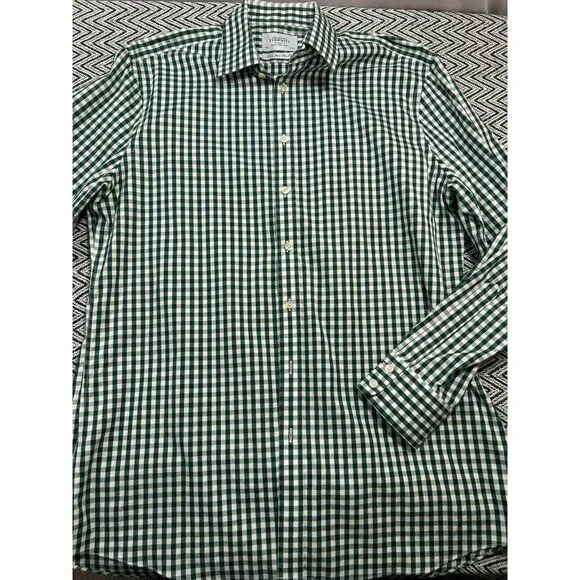 Charles Tyrwhitt Green & White Gingham Non-Iron Slim Fit Dress Shirt Size 17.5/3 - Picture 3 of 6